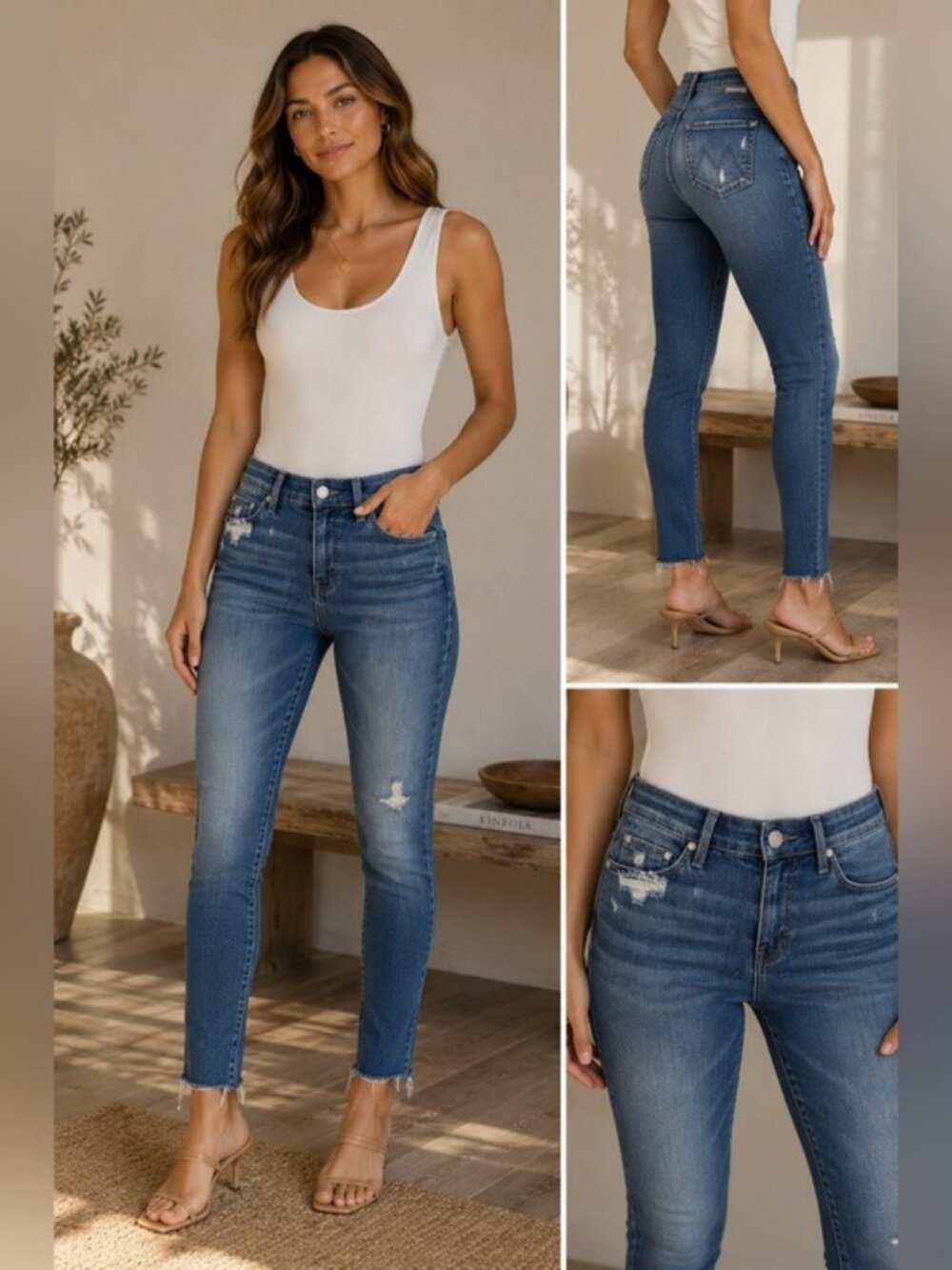 Mother The Looker Graffiti Girl Distressed Skinny Jeans Sz 25 Raw Hem Blue Denim